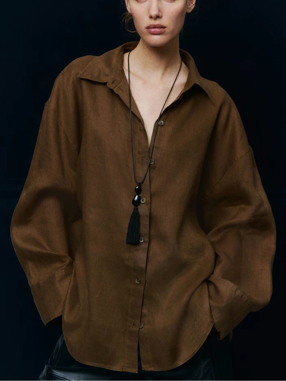 H&M Oversized Linen Brown Relaxed Button-Down Shirt